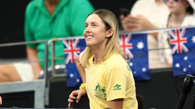 Storm Hunter sits injured courtside during the Billie Jean King Cup in Brisbane earlier this year. Picture: Getty Images