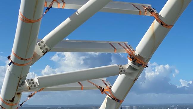 Ratchet straps covering a structure on top of The Oracle  Hinterland Tower at Broadbeach.  Picture: Supplied