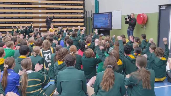 Students at Launceston's St Patrick's College go wild as Ariarne Titmus brings home gold. Source: St Patrick's College.