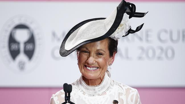 MELBOURNE, AUSTRALIA - OCTOBER 31: VRC Chairman Amanda Elliott speaks during presentation of the 2020 AAMI Victoria Derby trophy during 2020 AAMI Victoria Derby Day at Flemington Racecourse on October 31, 2020 in Melbourne, Australia. (Photo by Daniel Pockett/Getty Images for the VRC)