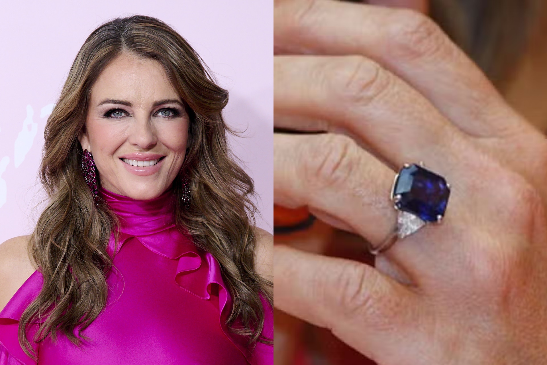 <h3><b>Elizabeth Hurley</b></h3><p>An 11-carat, step-cut blue sapphire is the protagonist of Elizabeth Hurley&rsquo;s platinum engagement ring.&nbsp;</p>