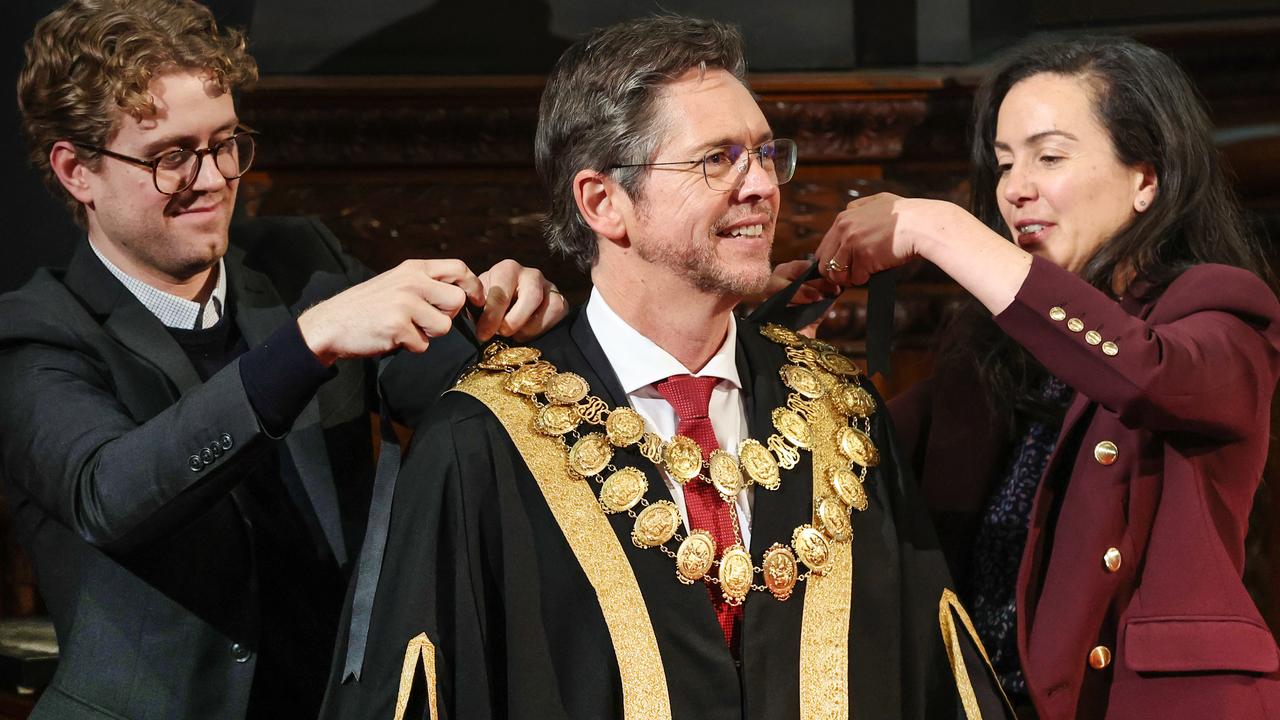 Nicholas Reece preparing to be sworn in as the 105th Lord Mayor of Melbourne after taking over from outgoing mayor Sally Capp. Picture: David Caird