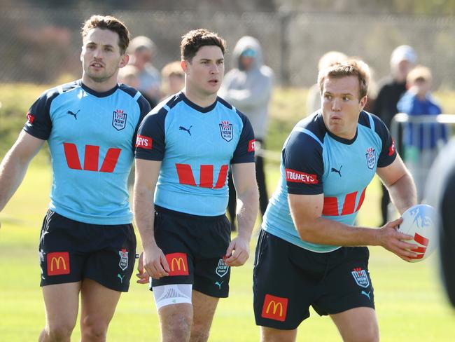 Jake Trbojevic (R) says the Blues middles can target Reece Walsh and Kalyn Ponga. Picture: Rohan Kelly