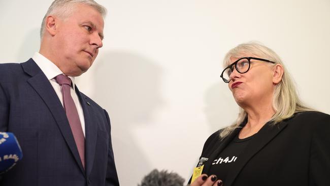 Women's March4Justice protest organiser Janine Hendry seems unimpressed by Deputy Prime Minister Michael McCormack. Picture: NCA NewsWire / Gary Ramage