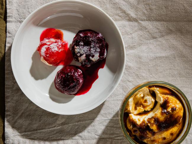 EMBARGO FOR TWAM 11 MARCH 2023. FEE MAY APPLY. Recipe by Lennox Hastie. Late summer plums with muscovado cream. TWAM exclusive. Photo: Nikki To