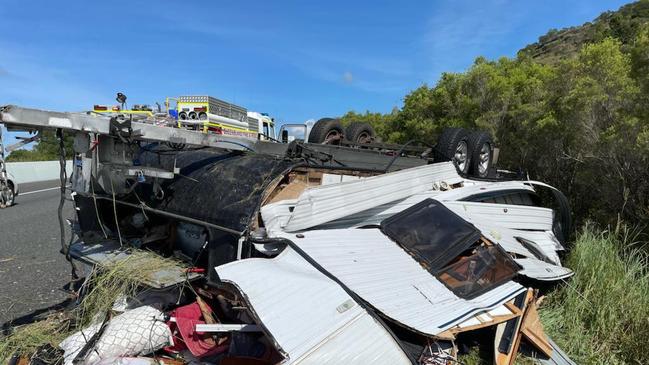 A driver was lucky to escape this horror caravan crash at Federal south of Gympie yesterday when his 4WD blew a tyre. Pictures: Courtesy of Clayton's Towing Facebook page