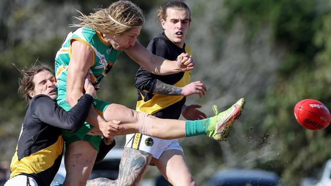 EFL Division 1 2022: Mooroolbark v Mitcham, qualifying final at Tormore Reserve, Boronia.  Jesse Cherry of Mitcham tackles Austin Smith of Mooroolbark.Picture : George Salpigtidis