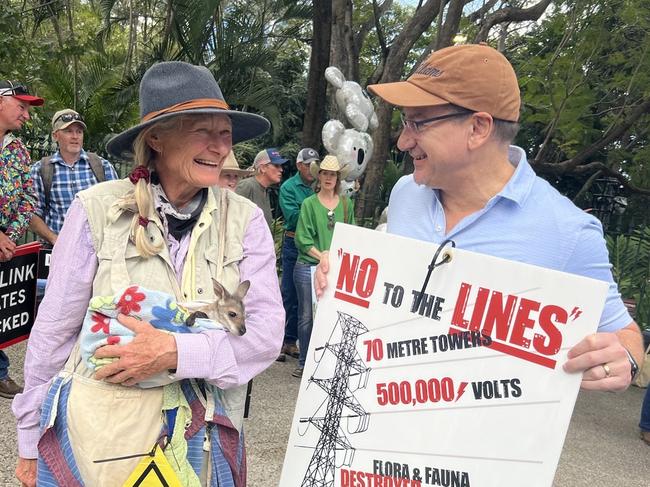 Llew O’Brien alongside Glenda Pickersgill from the Kilkivan Action Group with her joey Miss Stripe at the rally outside Queensland parliament on Tuesday.