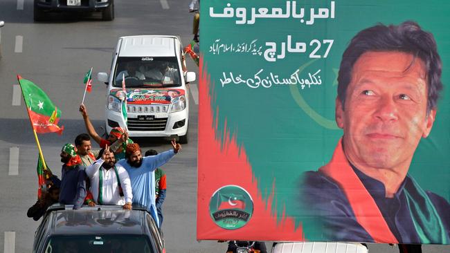 Supporters of Imran Khan arrive for a rally in Islamabad on Sunday. Picture: AFP