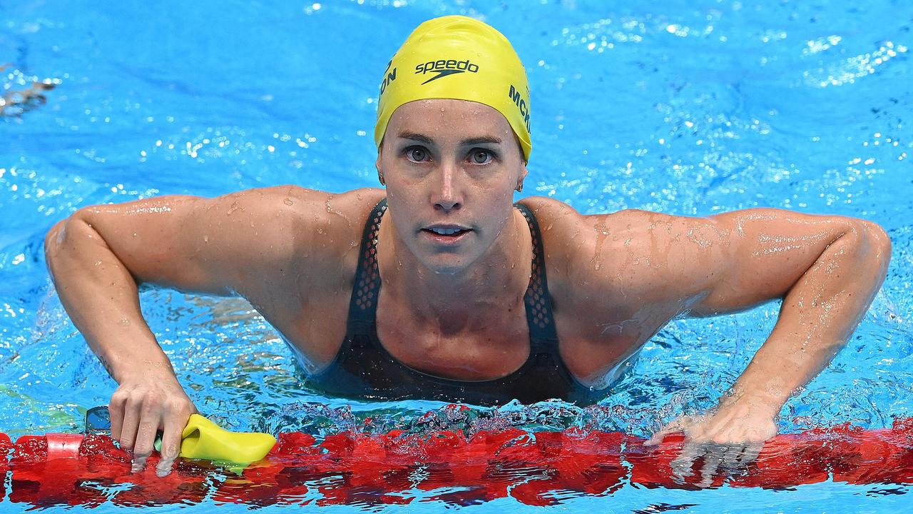 Australia's Emma McKeon reacts after competing in a heat for the women's 50m freestyle