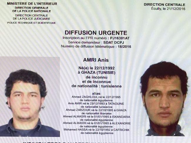 This handout computer screen grab shows a copy of the arrest warrant over a Tunisian man identified as Anis Amri.  Picture:  AFP