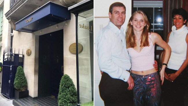 The entrance to Tramp Night Club in London, left, where a new witness claims she saw Prince Andrew with a teenage Virginia Giuffre on the night the picture at right of the pair was allegedly taken. Picture: Facebook/Supplied