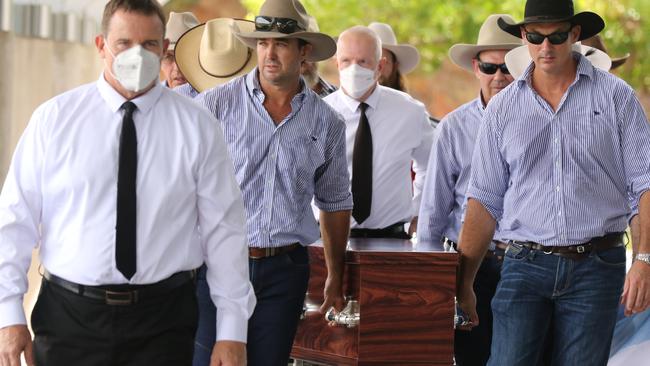 Outback Wrangler Matt Wright among the pallbearers for his mate Chris Willow Wilson after the fatal crash in West Arnhem in February 2022. Picture: Glenn Campbell