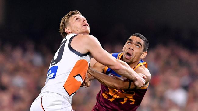 Adam Kennedy was warned to stop hitting Charlie Cameron’s elbow by umpire Shaun Ryan. Picture: AAP Image/Darren England.