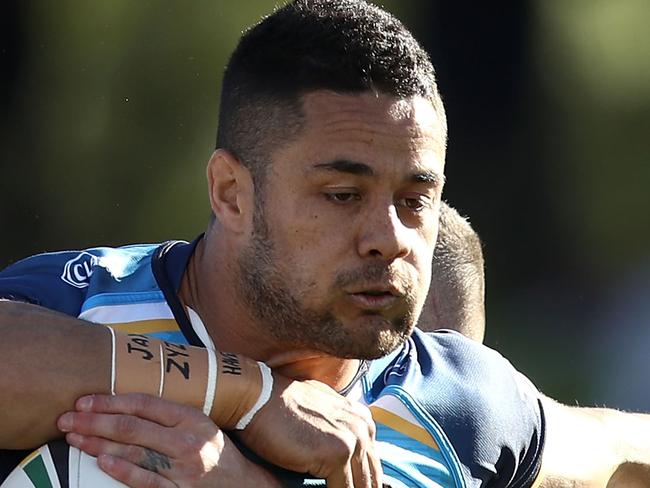 SYDNEY, AUSTRALIA - AUGUST 12:  Jarryd Hayne of the Titans is tackled during the round 23 NRL match between the St George Illawarra Dragons and the Gold Coast Titans at UOW Jubilee Oval on August 12, 2017 in Sydney, Australia.  (Photo by Mark Kolbe/Getty Images)