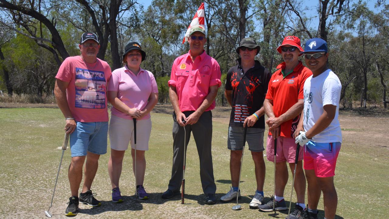 Paul and Rebekah Adams, Craig Stephens, Trevor Thorley, Scott Gray and Joseph Salvador at the Proston Pink Golf Day on Saturday, November 16. (Photo: Jessica McGrath)