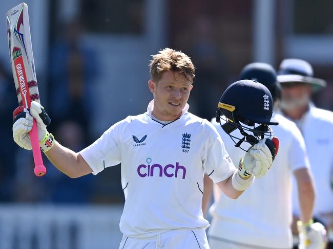 Ollie Pope of England celebrates reaching his double hundred. Picture: Gareth Copley/Getty Images