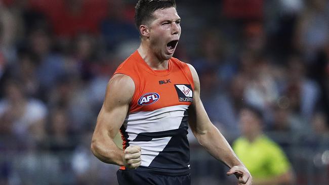 Giants Toby Greene celebrates a goal during AFL match GWS Giants v Western Bulldogs at Spotless Stadium. Picture. Phil Hillyard