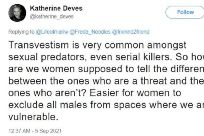 Ms Deves’ tweet on transvestism. Picture: Twitter