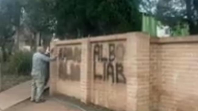 Vandals sprayed, ‘Hamas Albo’ and ‘Albo liar’ on a brick fence outside of the school. Picture: 7News
