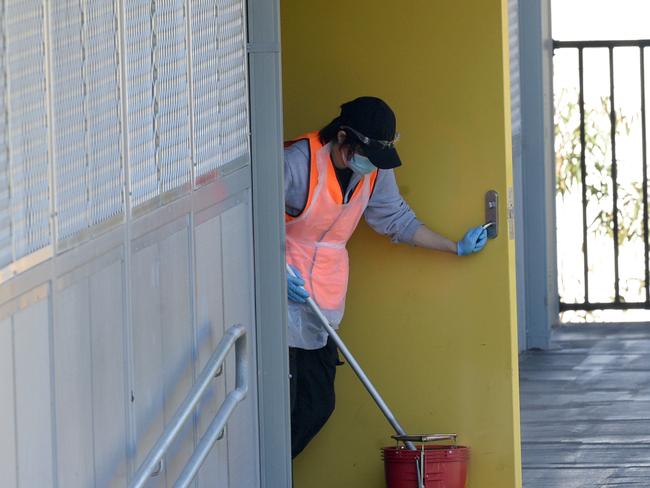 Cleaners at Ryde Secondary College after a positive case. Picture: NCA NewsWire / Jeremy Piper