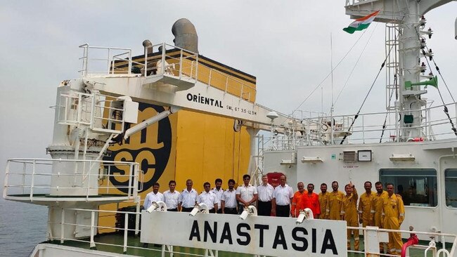 Crew members stuck aboard the bulk carrier MV Anastasia for more than a year are pawns in a diplomatic game between China, Australia and India. Source: Twitter / @AnnaKrien