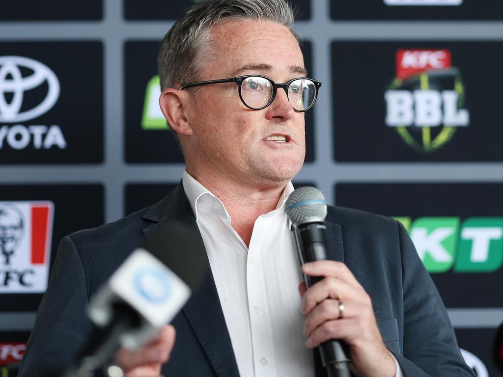 BBL General Manager Alistair Dobson speaking in December. Picture: Mark Metcalfe/Getty Images for Cricket Australia