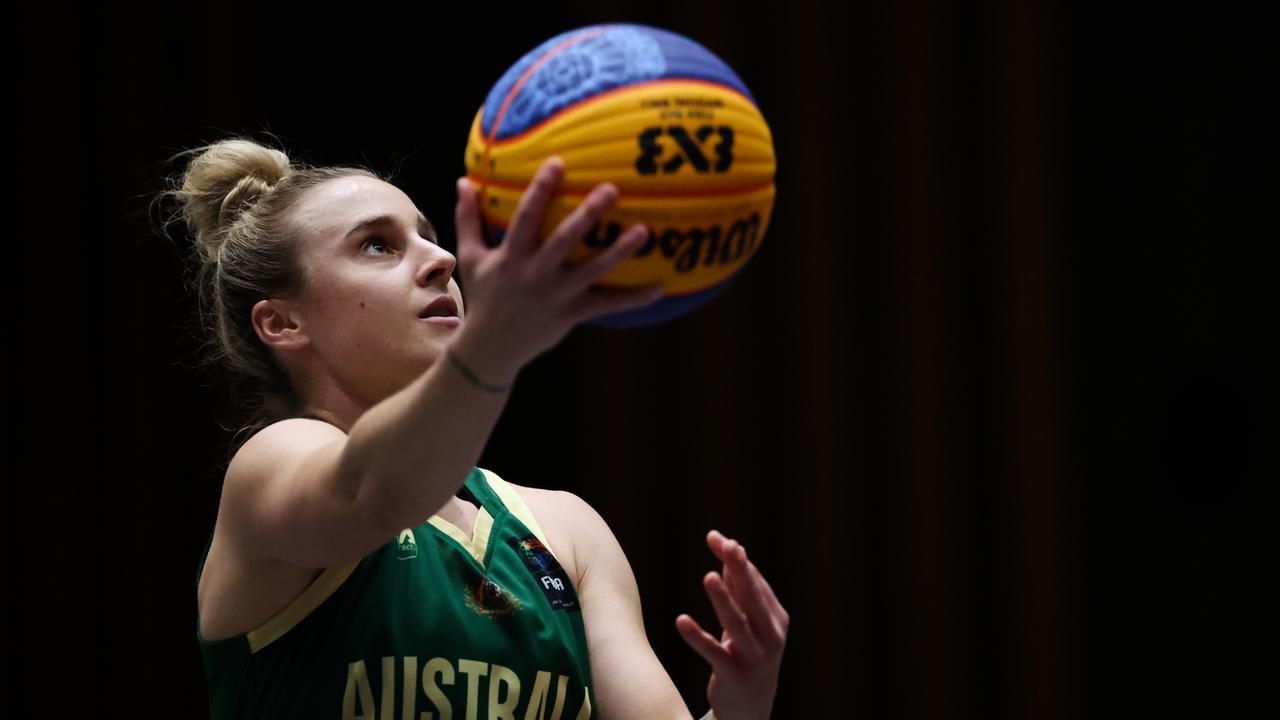 Lauren Mansfield #33 of Australia warms up prior to the women’s final match against Canada on day three of the FIBA 3x3 Olympic Qualifying Tournament 2 at Light Cube Utsunomiya on May 05, 2024 in Utsunomiya, Tochigi, Japan. (Photo by Takashi Aoyama/Getty Images)