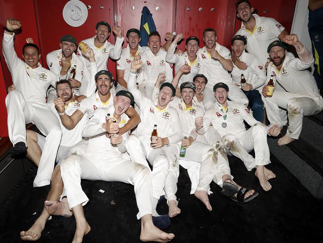 FILE - 2019 Ashes Series Best of - MANCHESTER, ENGLAND - SEPTEMBER 08: The Australian Cricket Team celebrate in the change rooms after Australia claimed victory to retain the Ashes during day five of the 4th Specsavers Test between England and Australia at Old Trafford on September 08, 2019 in Manchester, England. (Photo by Ryan Pierse/Getty Images)