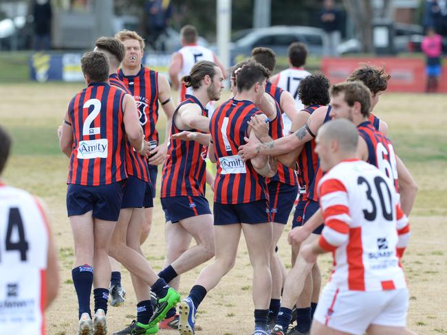 East Malvern #1 Luke Duffy slots the first goal. Picture: AAP/ Chris Eastman