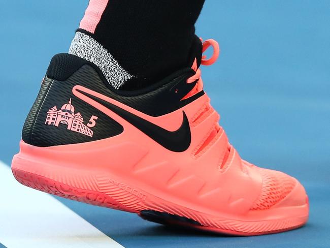 Melbourne landmark Flinders Street Station is seen on one of Roger Federer’s shoes, while the number five indicates the number of Australian Open titles he has won. Picture: Getty Images