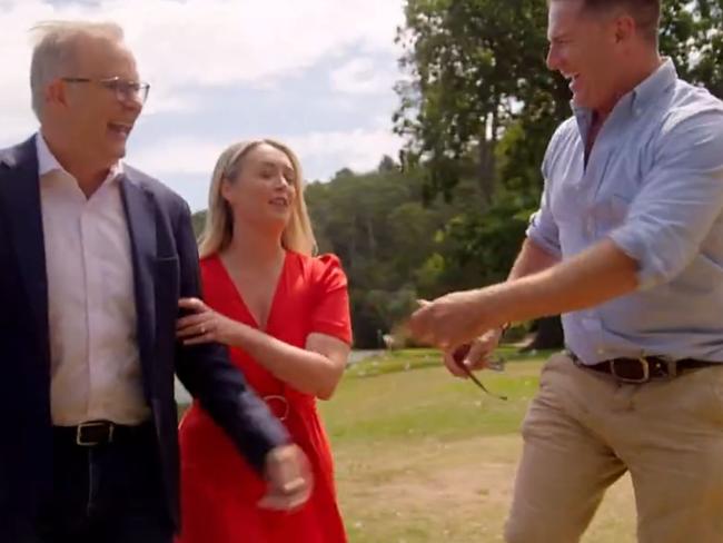 Prime Minister Anthony Albanese and his fiance Jodie Haydon with Karl Stefanovic on 60 Minutes.