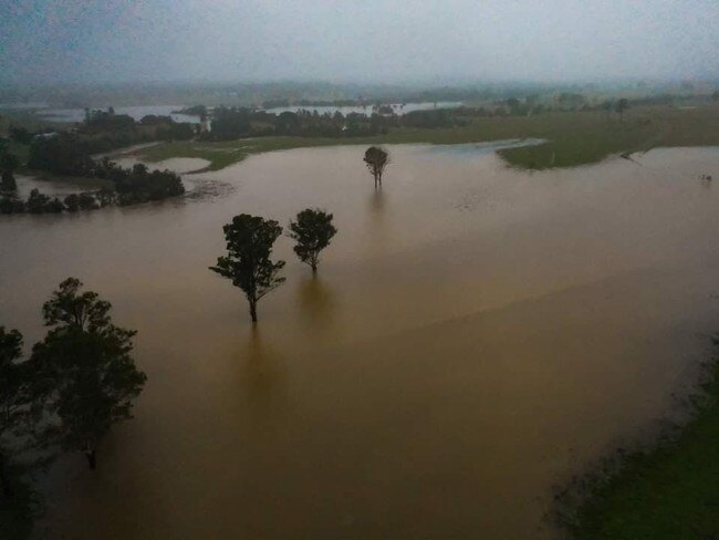 Drone view of flooding near Grafton, which is crossed by the Clarence River, in NSW. Picture: Sharn Domatas