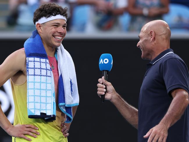 Things got slightly awkward between Ben Shelton and Roger Rasheed. Picture: Cameron Spencer/Getty Images