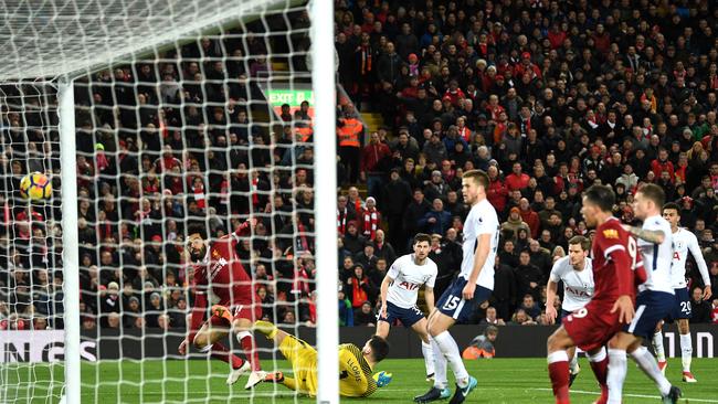 Mohamed Salah of Liverpool scores his side’s second goal to edge ahead 2-1.