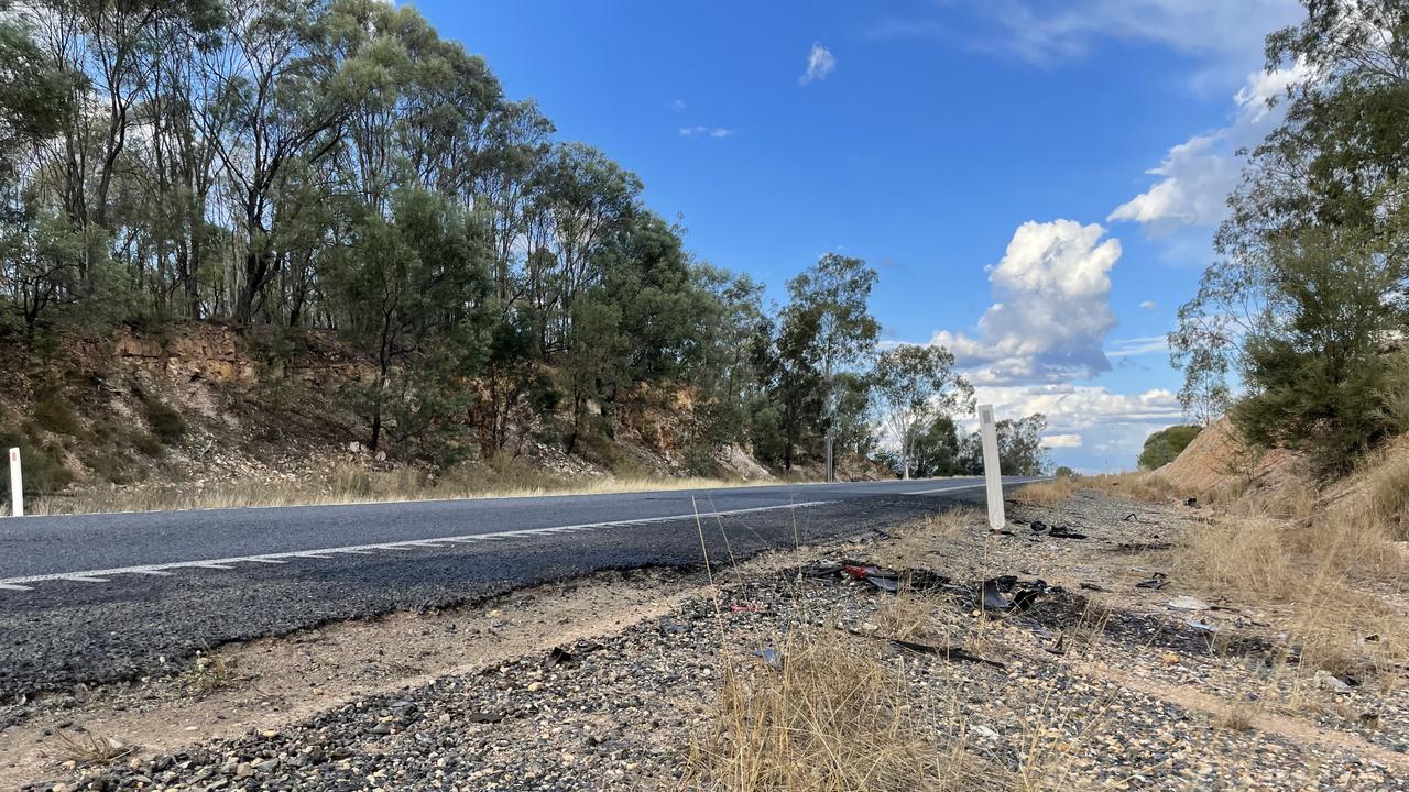 Debris left on the road the following morning at the site of the head-on collision 12kms east of Duaringa.