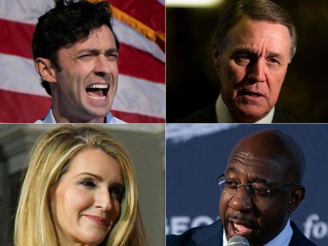 Candidates for Goergia's Senate runoff election (L-R, top-bottom) Democratic US Senate candidate Jon Ossoff; US Senator David Perdue; US Senator Kelly Loeffler ; and Democratic US Senate candidate Rev. Raphael Warnock.