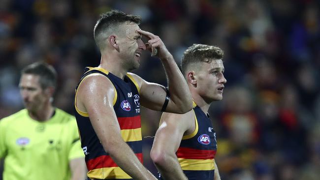 Adelaide rebounding defenders Brodie Smith and Rory Laird. Picture Sarah Reed