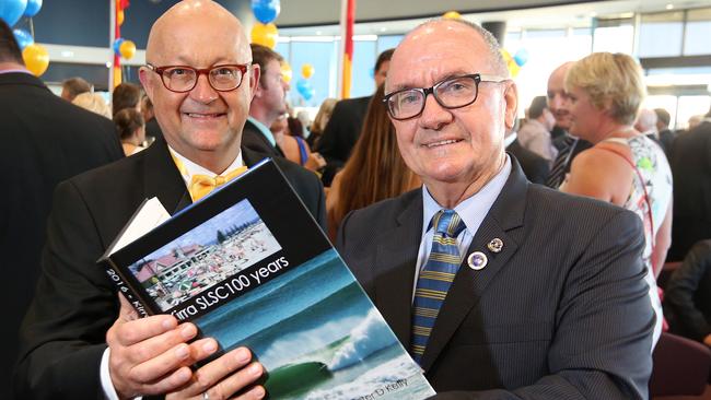 Kirra Surf Life Saving Club's 100th anniversary dinner in the Showroom at Twin Towns. Photo of (L-R) President Qld Surf Life Saving Ralph Devlin QC with Centenary author and club life member Peter Kelly. Pic by Richard Gosling