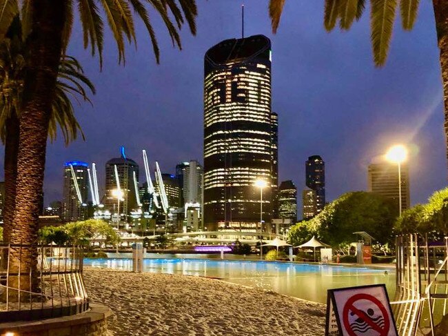 A deserted South Bank Lagoon on Friday night as Brisbane enters a three-day lockdown.