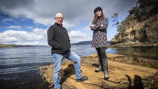 Bruny Island residents Gerard Castles and Essie Davis from Killora Community Association are concerned about the impact salmon farming is having on the environment in their area. Picture: LUKE BOWDEN