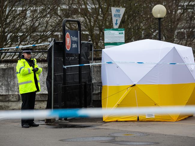 A police officer stands guard by a forensics tent in a Sainsbury's car park as investigations continue into the poisoning of Sergei Skripal and his daughter. Picture: Jack Taylor/Getty Images