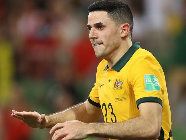 MELBOURNE, AUSTRALIA - JANUARY 27: Tom Rogic of Australia celebrates after scoring a goal during the FIFA World Cup Qatar 2022 AFC Asian Qualifier match between Australia Socceroos and Vietnam at AAMI Park on January 27, 2022 in Melbourne, Australia. (Photo by Robert Cianflone/Getty Images)