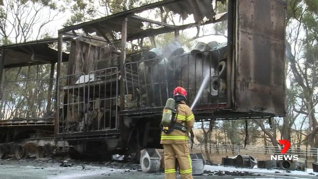 A man died in a firey truck crash at a checkpoint near the South Australian border on Thursday morning. Picture: Channel 7.