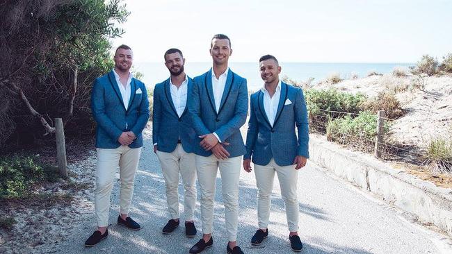 Groom David Craggs, front, with his groomsmen in Port Willunga. Picture: Emily Grundy of Emme Jade Photography