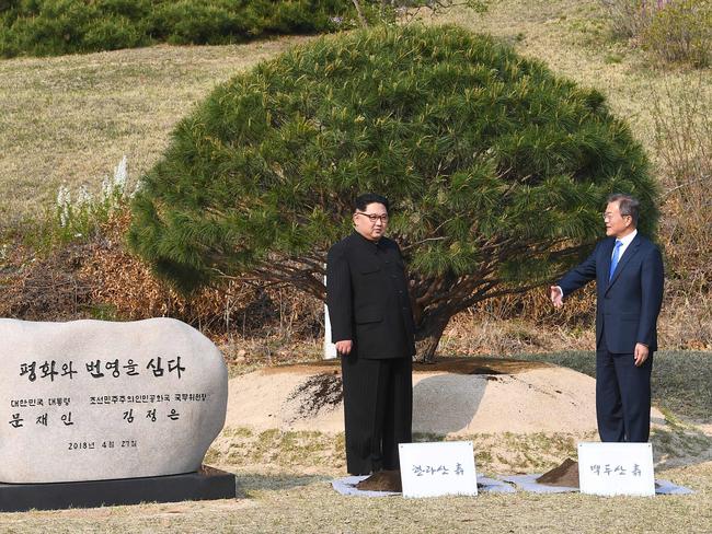 North Korea's leader Kim Jong Un and South Korea's President Moon Jae-in. Picture: AFP