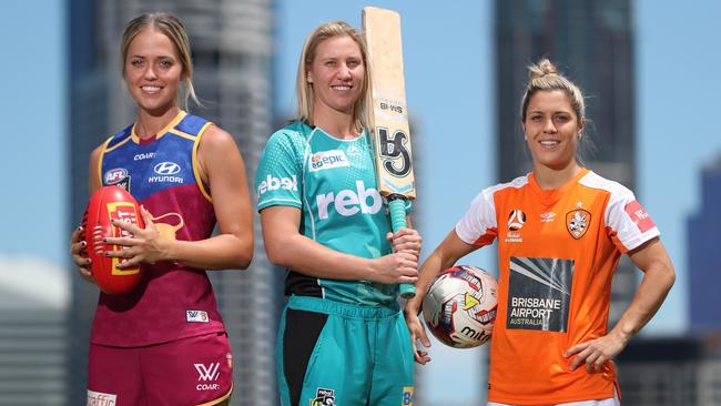 Brisbane Lions’ Kaitlyn Ashmore, Heats’ Delissa Kimmince and Roar's Katrina Gorry. Picture: Peter Wallis