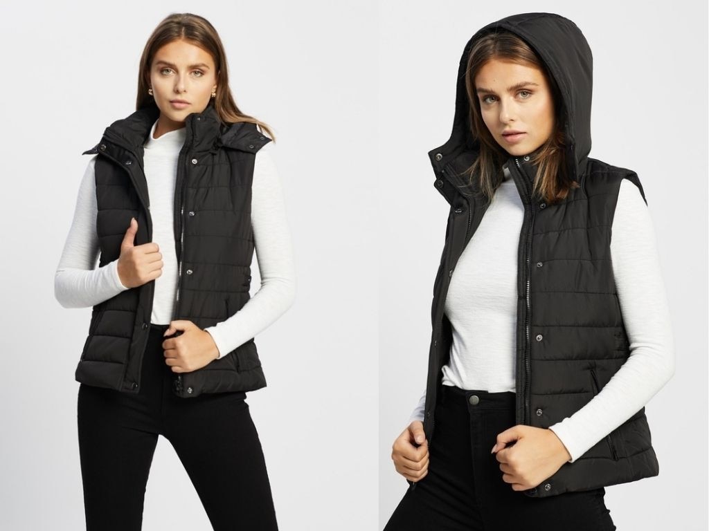 We love that this puffer vest comes with a hood.