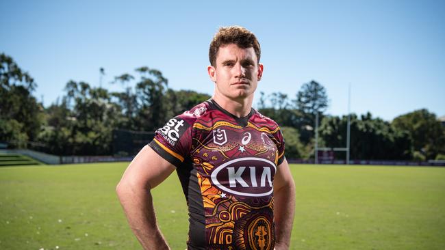 17-05-2021 Brisbane Broncos player Ethan Bullemor wearing the Broncos Indigenous jersey. PICTURE: Brad Fleet