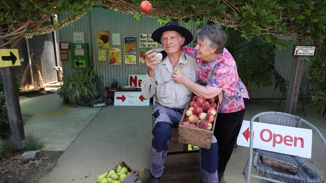 Graeme and Elaine Jenkins, who own The Fruit Farm in Johnsonville near Lakes Entrance, say it’s a perfect time to buy a crate of the beautiful peaches, plums and pears. Picture: Alex Coppel